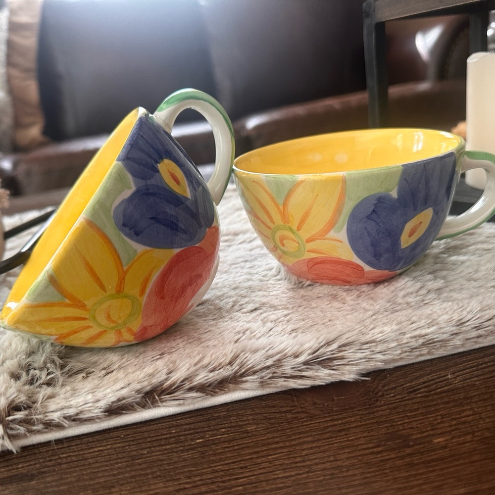 Bob Mackie yellow blue floral botanical oversized vintage mug set